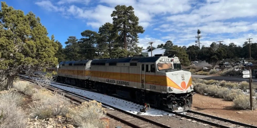 Grand Canyon Train in the National Park on the rail. There are trees and snow around.