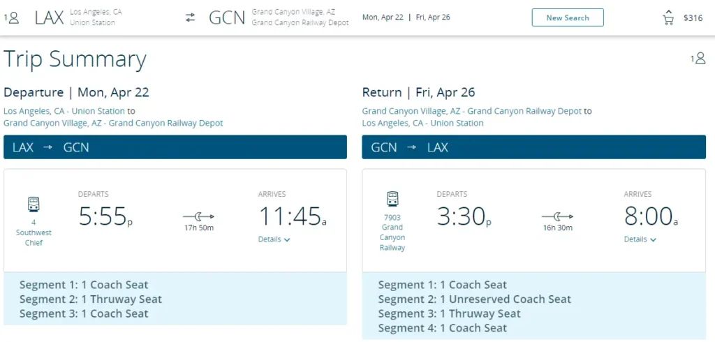 Showing a timetable for Amtrak's LA To Flagstaff train to get to the Grand Canyon