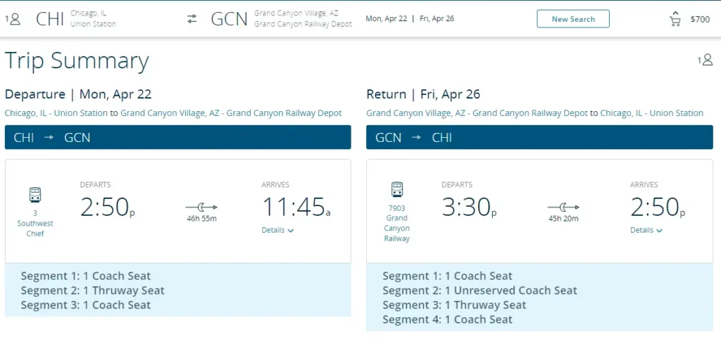 Showing a timetable for Amtrak's Chicago To Flagstaff train to get to the Grand Canyon