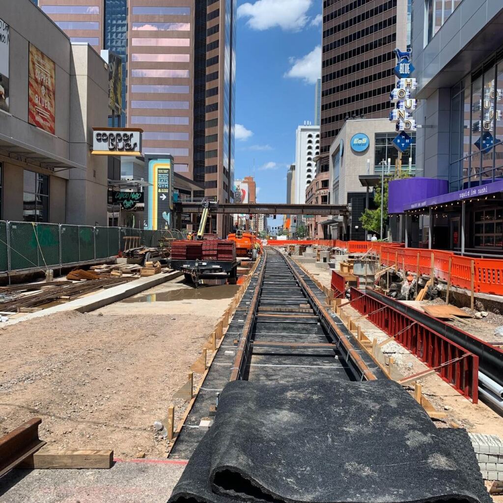 Construction of light rail tracks in a downtown area of Downtown Phoenix