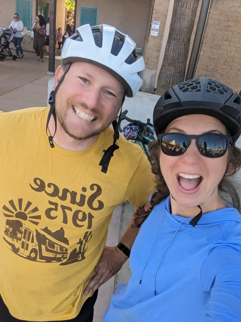 rebelwithoutacar and Car-Free Tucson Matthew Boepple meeting Rebel without a car Bike Mary